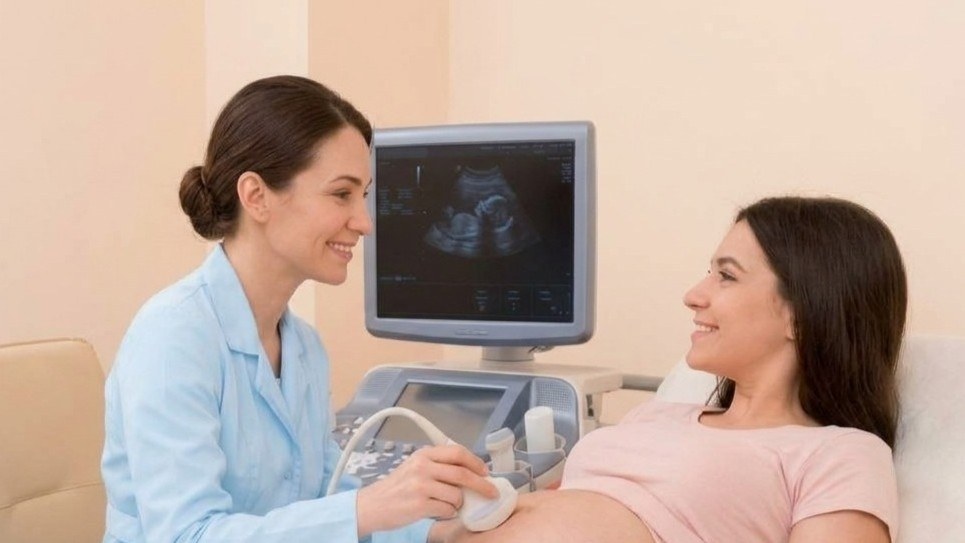 Médica realizando una ecografía obstétrica a una paciente embarazada